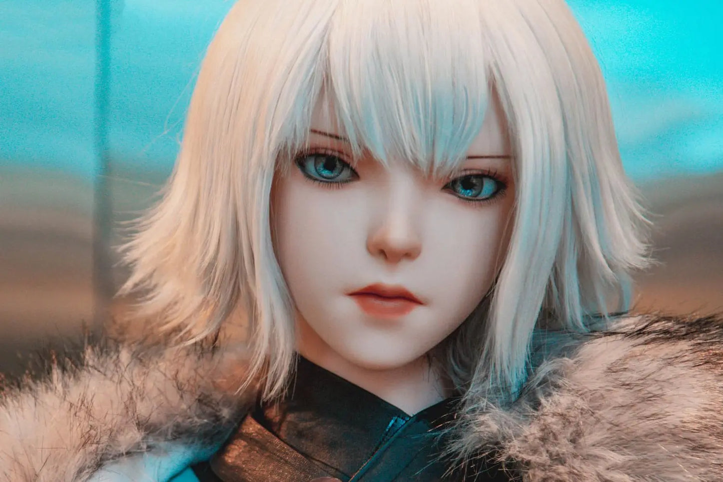 Alejandra, white short hair, teal leather combat armor, fur collar, leg bindings, Bai Yue Kui Ling Cage apocalypse queen, looking away, holding her weapon, sitting on a leather wooden sofa chair, brown leather boots, face close-up – Chinese anime cosplay fantasy sex doll by TopLoveDoll