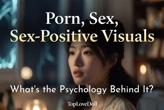 Porn sex and sex-positive visuals psychology explained – contemplative Asian woman in soft cinematic bokeh lighting, moody dark blue atmospheric background with subtle glow – blog banner by TopLoveDoll