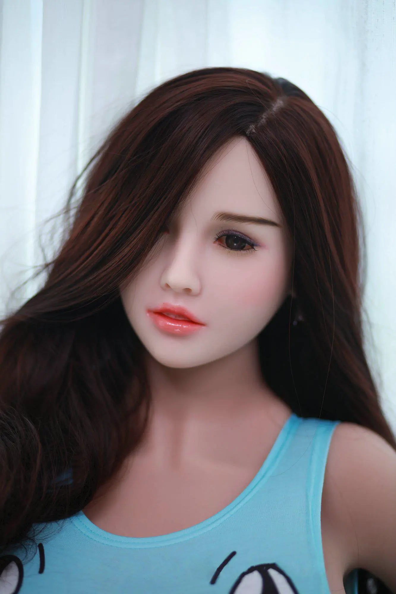 Annalise long dark waves G-cup BBW figure blue tank top and white bunny girl costume, close up – curvy BBW sex doll by TopLoveDoll