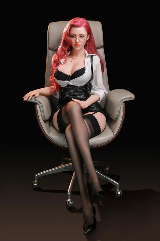 Allegra sex doll composed direct gaze with parted red lips, striking green eyes behind gold half-rim glasses, long wavy crimson-red hair falling over both shoulders, gold chain necklace, white button-up shirt open with black lace bralette and full round bust with deep cleavage, black leather corset mini skirt, black thigh-high stockings with garter straps, black stiletto heels, seated upright in grey leather office chair with legs elegantly crossed, dark studio background – full-body shot – lifelike sexdoll