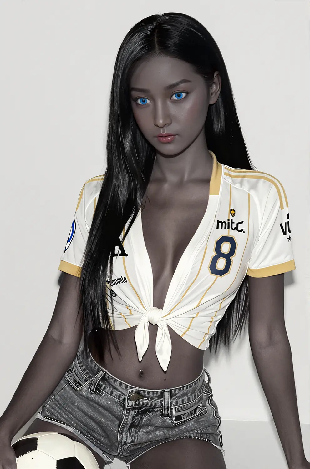 Black Neko ebony sex doll full body front view in tied white football jersey and denim shorts, slim waist, realistic silicone companion doll by TopLoveDoll