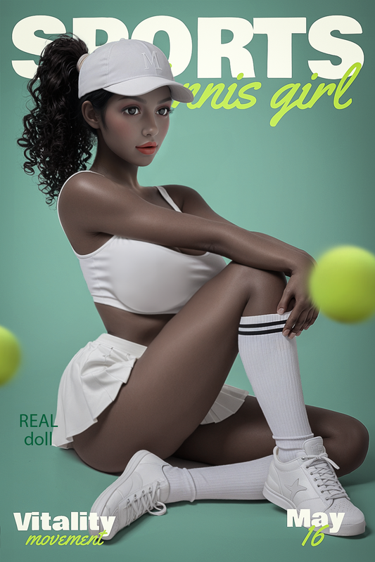 Tennis Thora sex doll – busty ebony african tennis champion athletic sex robot doll with black curly ponytail and white tennis cap in white tennis outfit, full body seated on green court Sports magazine cover style, lifelike love doll by TopLoveDoll