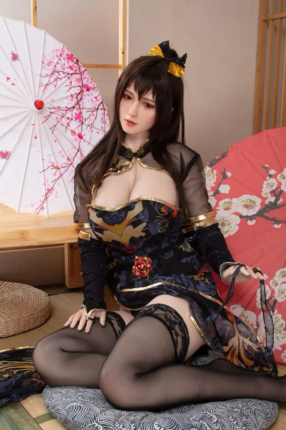 Violet sex doll kneeling on tatami dark eyes long dark brown straight hair gold butterfly hair clip red lips deep blue gold-trim Hanfu cosplay dress black sheer long sleeves black fishnet stockings black heels red ruby waist brooch Japanese cherry blossom paper umbrella red fan background – full body kneeling shot – realistic busty asian Hanfu cosplay sex doll by TopLoveDoll